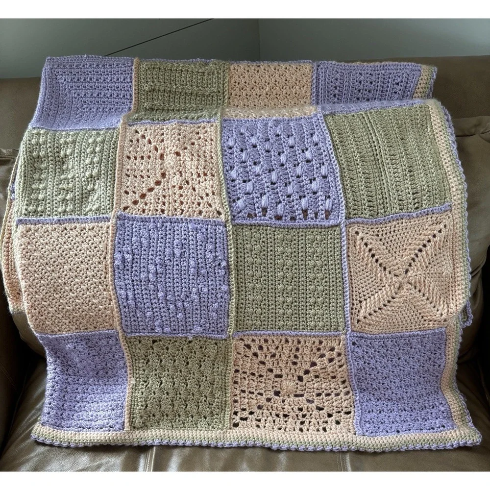 Granny Square Hand Crochet‎ Blanket 60x70 Gorgeous Soft Yarn Pink Lavender Tan